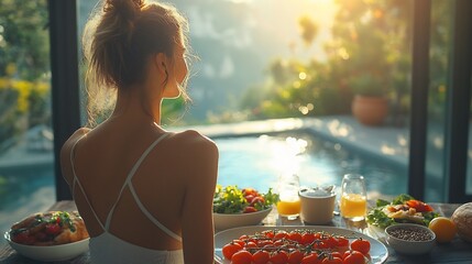 Poster - Person at a minimalist setup enjoying a dietfocused lunch with a clean and modern backdrop