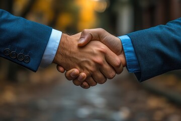 Two Men Shaking Hands in a Blurred Outdoor Setting