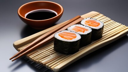Poster - Savor the flavors of a fresh sushi roll with cucumber, accompanied by a bowl of soy sauce and chopsticks, set against a dark backdrop. Generative AI