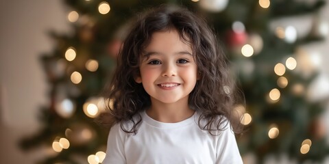 Wall Mural - A young girl with curly hair is smiling at the camera. She is wearing a white shirt and standing in front of a Christmas tree