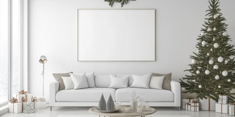 A white living room with a large white wall and a white couch. A Christmas tree is in the corner of the room