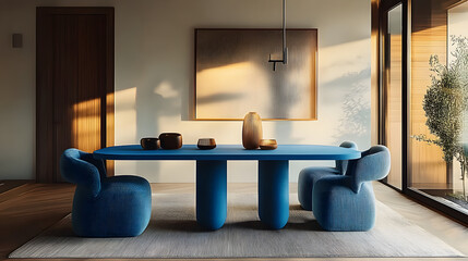 Canvas Print - Japandi, minimalist interior design of modern living room. Dining room with blue dining table and stylish chairs.