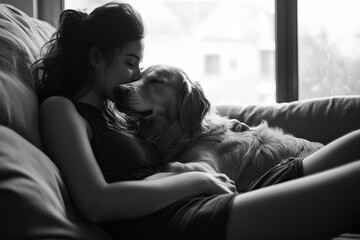 A woman enjoying a quiet moment with her golden retriever inside a cozy living room on a relaxed afternoon