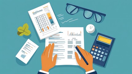 Poster - A Person's Hands Reviewing Financial Data with a Calculator