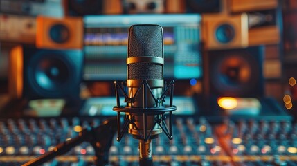 Poster - A professional studio microphone on a stand, placed prominently in the foreground. The background, a music production studio with a computer monitor slightly blurred, displaying colorful audio tracks.