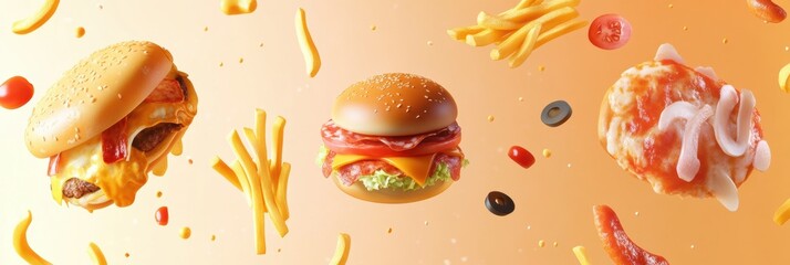 Poster - Bright abstract representations of popular fast food items like burgers, fries, and pizza float against a vivid backdrop. Generative AI