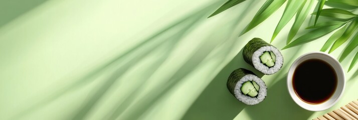 Poster - Enjoy a flavorful Japanese sushi roll filled with fresh cucumber, accompanied by a bowl of soy sauce, set against a soft green backdrop. Generative AI