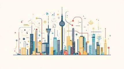 Poster - Abstract cityscape with connected lines and shapes