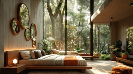 A modern and luxurious bedroom with double-height ceilings, large windows showcasing a forest view, soft lighting, circular mirrors hanging on the wall, greenery in the decor, and modern furniture.