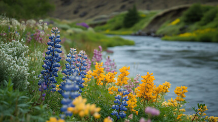 Wall Mural - A serene riverbank dotted with colorful wildflowers, creating a picturesque landscape.