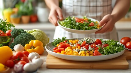 Poster - Person enjoying a balanced breakfast in a modern kitchen with a plate of fresh vegetables and fruit emphasizing health
