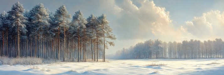 Winter Serenity, expansive snow-covered field, subtle tree outlines in the distance, tranquil and untouched landscape, inviting calmness and peace