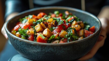 Poster - Person eating a balanced meal with fiberrich vegetables in a serene background