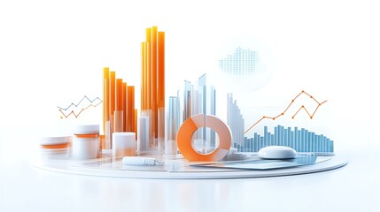 Poster - A 3D Rendering of Orange and Blue Data Charts on a White Surface