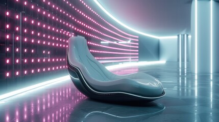 Poster - A single modern car seat stands alone in a big hall, surrounded by LED walls.