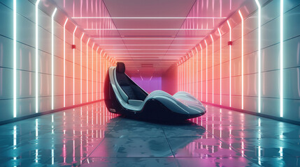 Poster - A single modern car seat stands alone in a big hall, surrounded by LED walls.