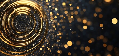 Poster - Golden circular patterns with shimmering bokeh against a dark background create a captivating visual effect.