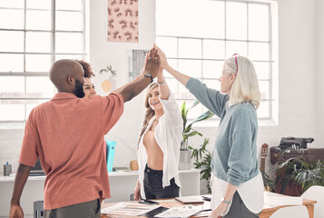 Sticker - Teamwork, high five or people in office for creativity, collaboration or positive reinforcement. Fashion designer group, hand gesture or happy in studio for exciting project, support or agency growth