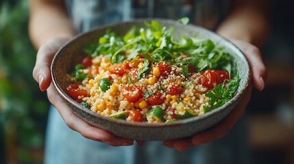 Poster - Person enjoying a balanced meal with vegetables and grains set against a simple backdrop