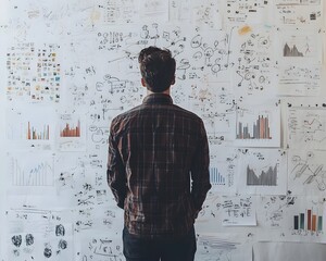 Poster - businessperson analyzing strategic planning and problem solving diagrams on whiteboard