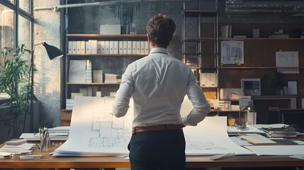 Poster - Architect Reviewing Building Plans in Sleek Office Interior