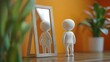 © Anan - Introvert Shyness Figure standing in front of a mirror, hesitant posture, reflecting shyness, 3D illustration, no face