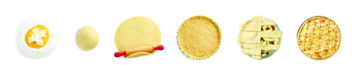 Poster - Apple pie, step by step. Collage on white background, top view