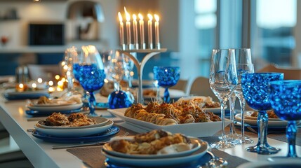 A beautifully set modern dining table adorned with a blue and white Hanukkah theme, complete with a sleek menorah and traditional foods like latkes, waiting for guests to arrive