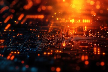 Poster - abstract representation of glowing circuit board technology with orange lights and details