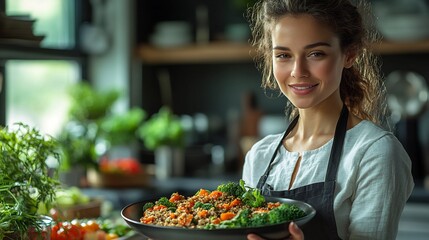 Poster - Person enjoying a dietfocused lunch with organic vegetables and healthy grains set in a modern kitchen