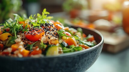 Aufkleber - Person enjoying a healthfocused meal in a modern kitchen with a variety of vegetables and grains