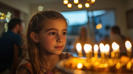 A quiet moment in a bustling Hanukkah celebration where a young girl gazes thoughtfully at the flickering menorah lights in a contemporary home filled with friends and family