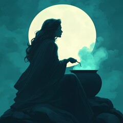 A silhouette of a woman stirring a cauldron under a full moon.