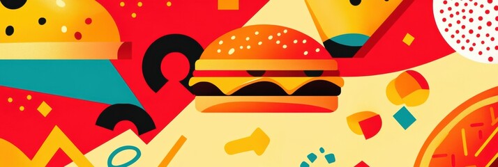Poster - Bright abstractions of popular fast food items, including burgers, fries, and pizza, create a lively and energetic atmosphere. Generative AI
