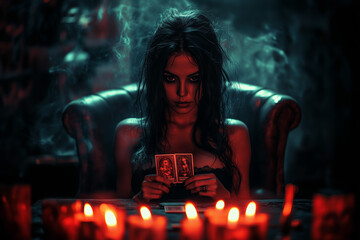 Beautiful gypsy woman sitting by the old table with tarot cards in hands. Fortune teller concept.