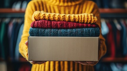 Poster - Person holding a cardboard box of donated clothes with a clean and organized background