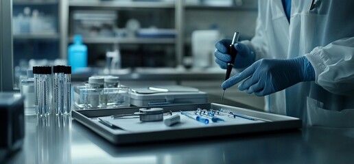 Poster - A scientist in a lab coat and blue gloves is working with a tray of medical equipment and a pipette.