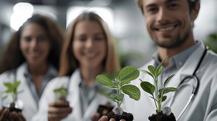 A group of smiling physicians, each holding a small coin or plant in their hands, symbolizing intentional financial steps.