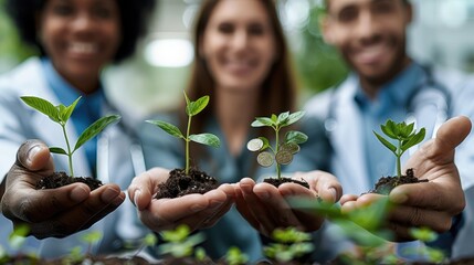 A group of smiling physicians, each holding a small coin or plant in their hands, symbolizing intentional financial steps.