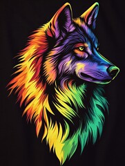 Naklejka na meble A colorful wolf with vibrant hues of red, yellow, green, and blue fur against a black background.