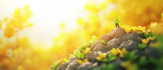 Poster - Man Standing on a Rock with Yellow Flowers and a Blurred Background.