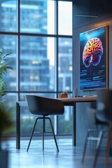 A modern office space featuring a brain illustration on the wall and a simple desk setup.