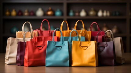 A row of colorful shopping bags are displayed on a table