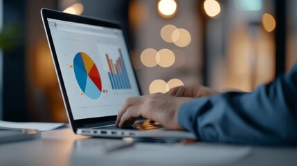 Aufkleber - Businessman Working on Laptop with Holographic Pie Chart Projection for Financial Analysis - Business Technology Concept