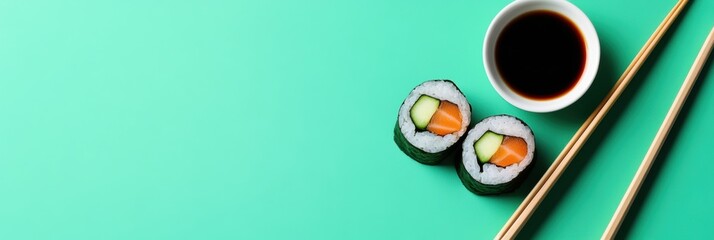 Poster - Savor the delightful combination of a sushi roll with cucumber and salmon, paired with soy sauce and chopsticks on an eye-catching backdrop. Generative AI