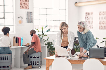 Poster - Teamwork, fashion designer and planning with business people in office for visual merchandiser, campaign layout and textile. Creative director, mentor and consulting with employee for boutique