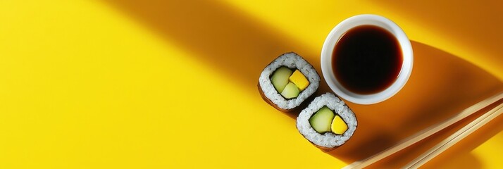 Poster - A sushi roll filled with cucumber sits alongside a small bowl of soy sauce, with chopsticks resting on a bright yellow background. Generative AI
