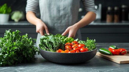 Poster - Person in a minimalist kitchen setting arranging a balanced meal with fresh organic vegetables