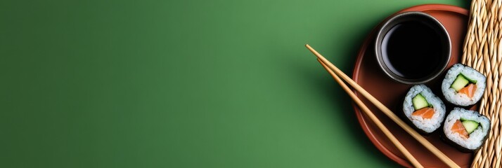 Poster - Enjoy a delectable sushi roll filled with cucumber and accompanied by soy sauce and chopsticks against a colorful backdrop. Generative AI