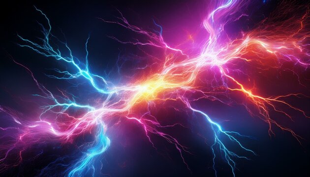 vividly colored 3D rendering of a lightning strike creates a striking visual element, showcasing dynamic energy and depth in design.